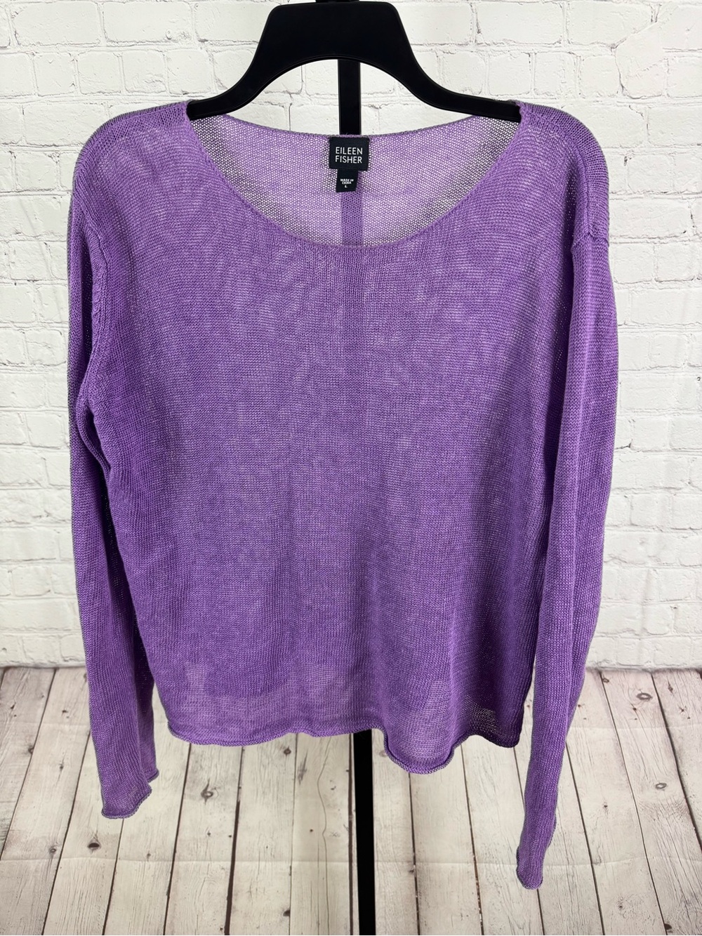 Eileen Fisher 100% Linen Sheer Open Knit Sweater Purple Size Large